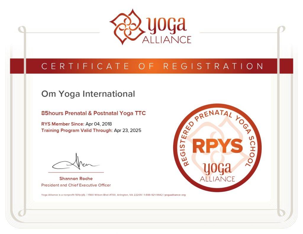 Prenatal & Postnatal Yoga Teacher Training certificate sample