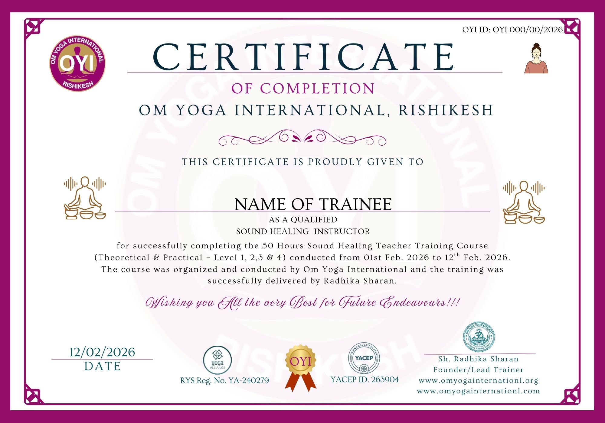 12 Days Sound Healing Teacher Training certificate sample