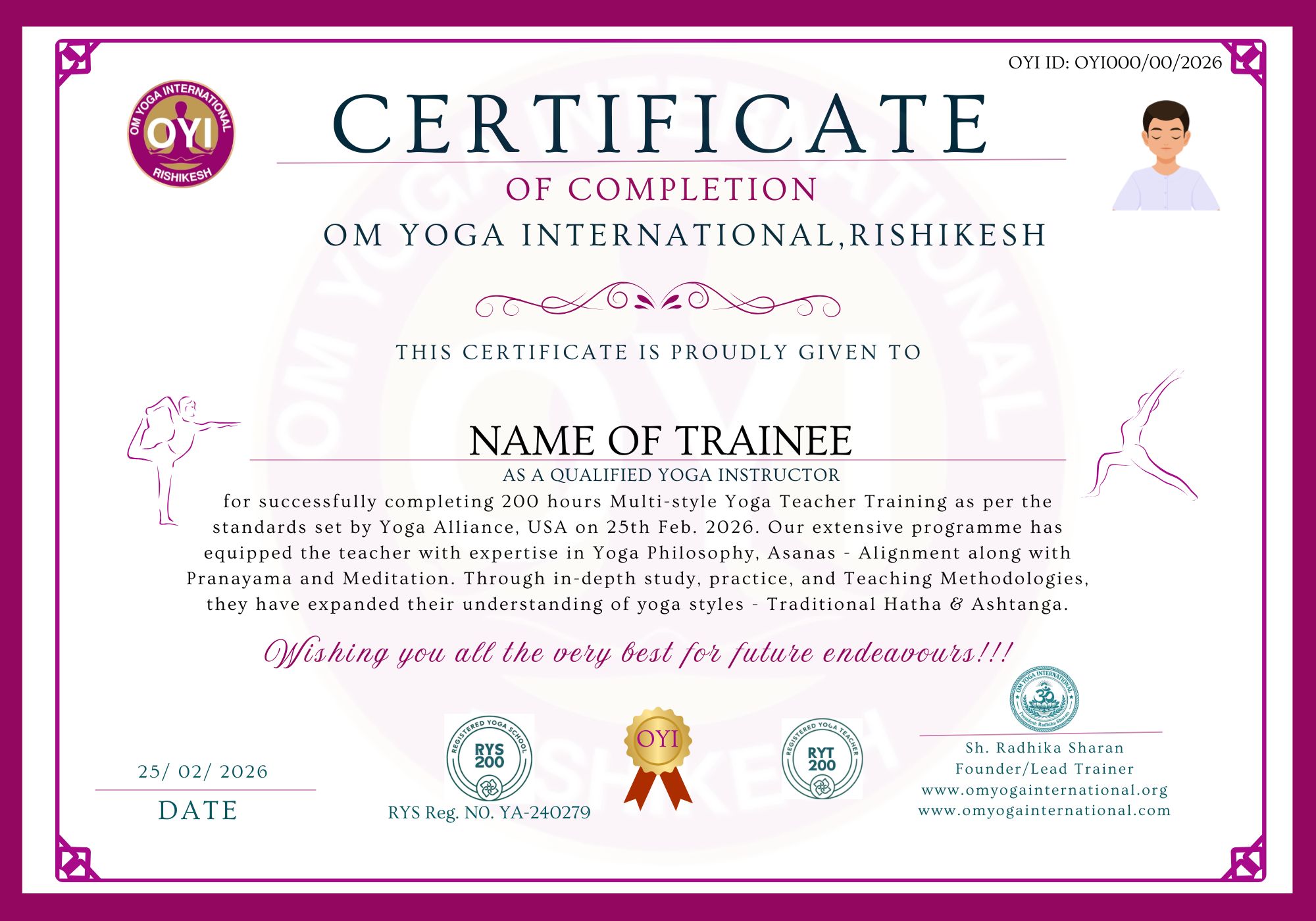 RYT 200 Hour Yoga Teacher Training certificate sample
