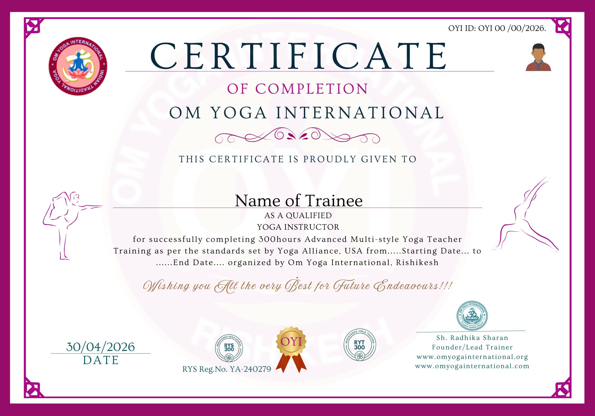 RYT 300 Hour Advanced Yoga Teacher Training certificate sample