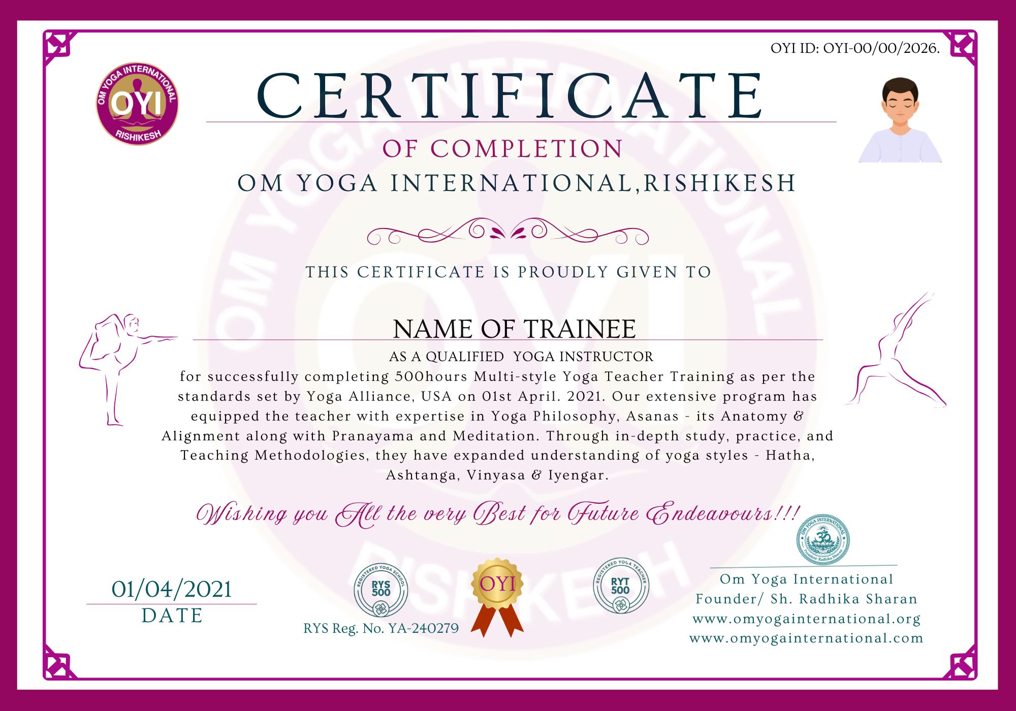RYT 500 Hour Complete Yoga Teacher Training certificate sample