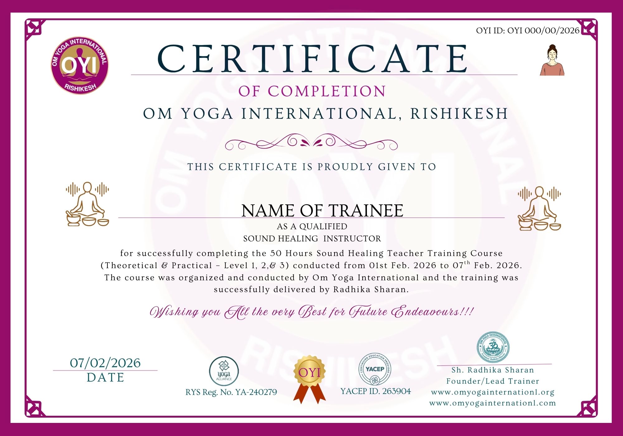 7-Day Sound Healing Teacher Training certificate sample