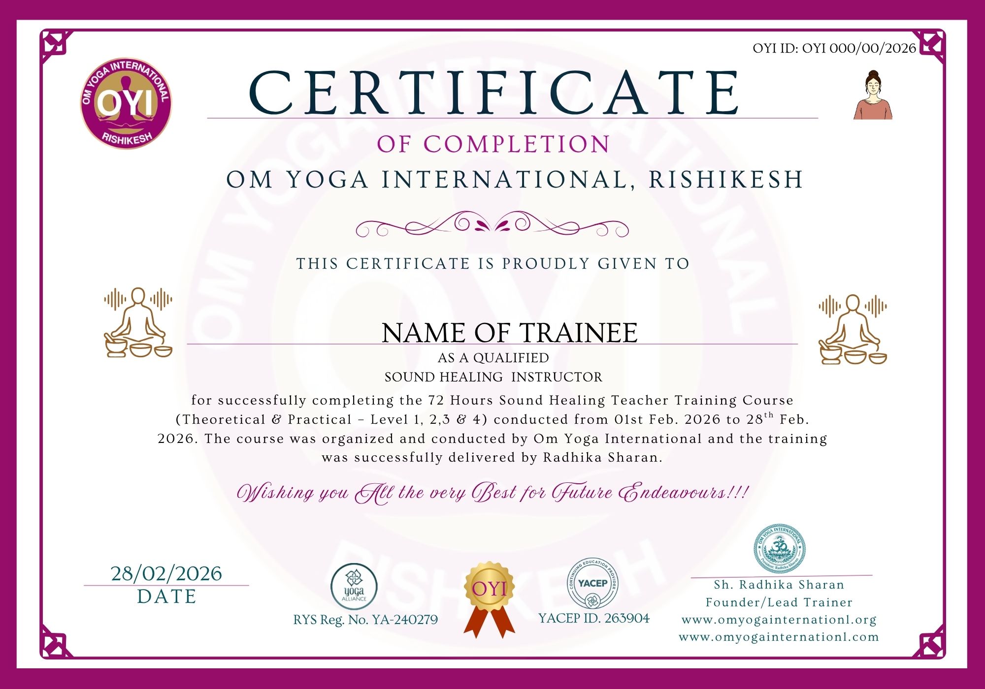 Sound Healing Teacher Training certificate sample